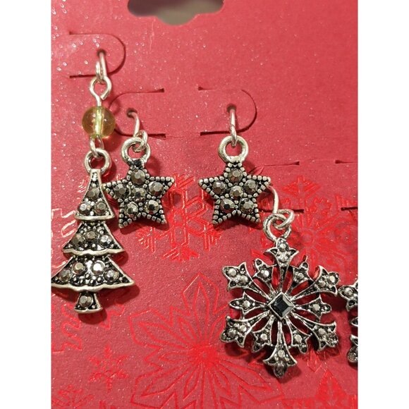 Happy Holidays Set of 3 Silver Tone Christmas Tree Snowflake Star Dangle Earring - Picture 3 of 6